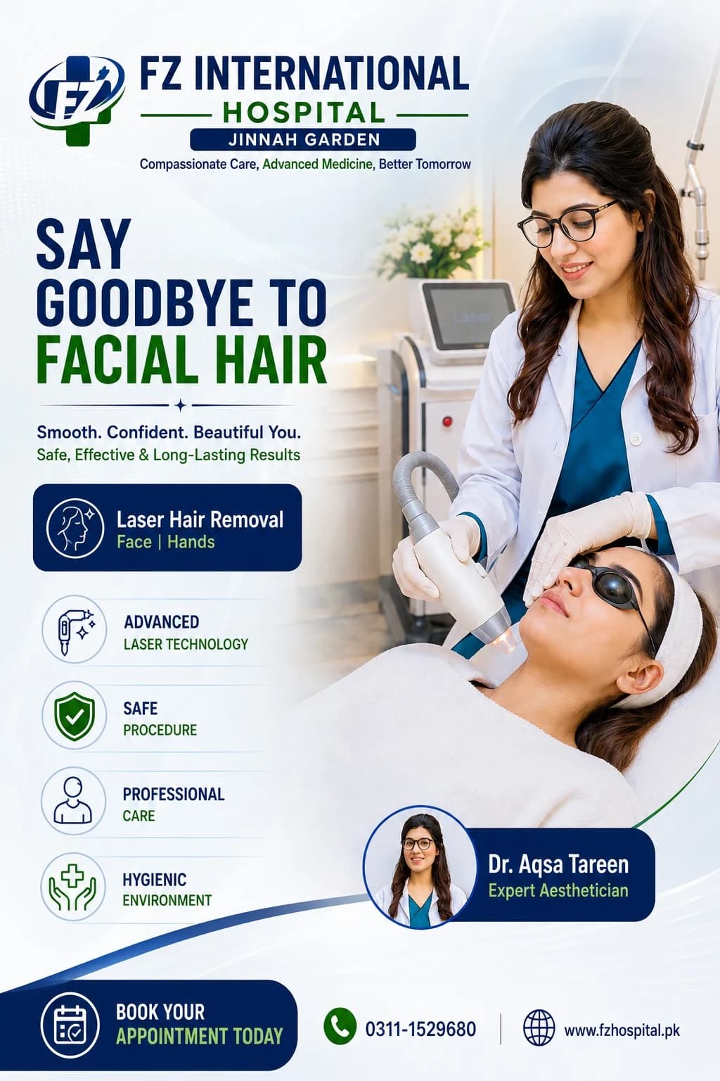 Client-supplied laser hair reduction campaign artwork naming Dr. Aqsa Tareen