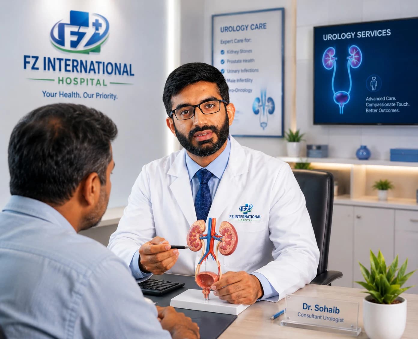 Client-supplied consultation visual of Dr. Hafiz Sohaib Khalid discussing urology care with a patient