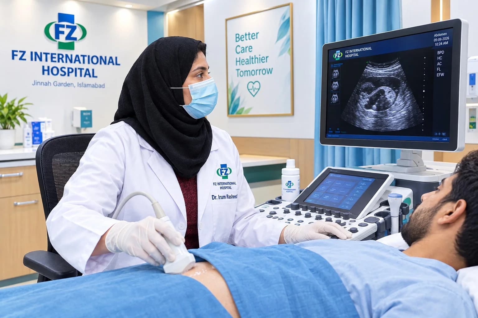 Hospital-supplied illustrative artwork: ultrasound consultation