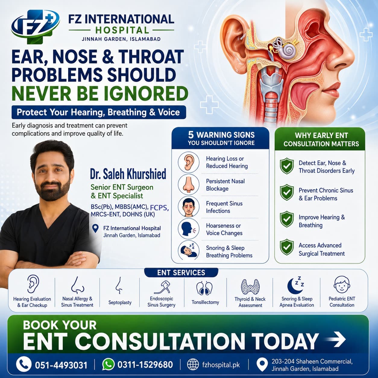 Hospital information about Dr. Saleh Khurshied and ENT consultations; the key service and fee information is also provided as text alongside.