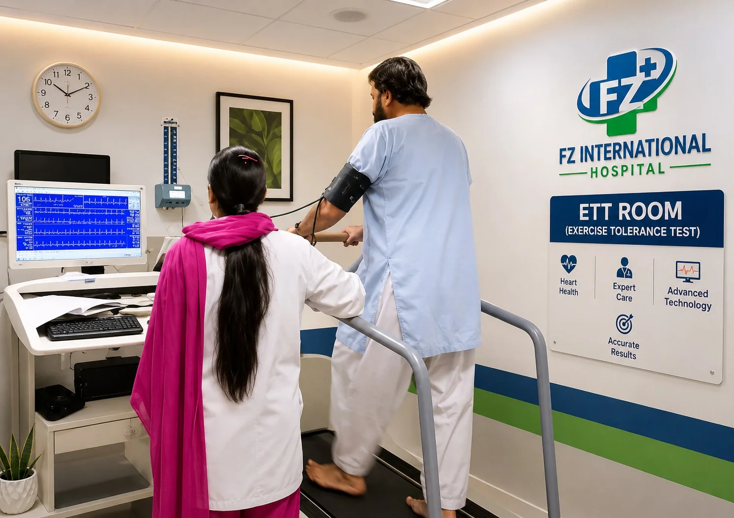 Exercise tolerance testing room with treadmill and cardiac monitoring equipment