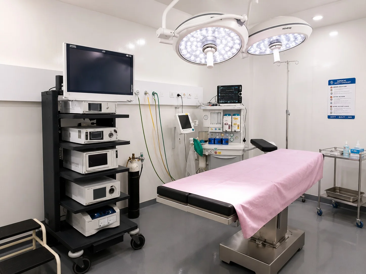 FZ operating theatre with laparoscopic tower, anaesthesia workstation and surgical lighting