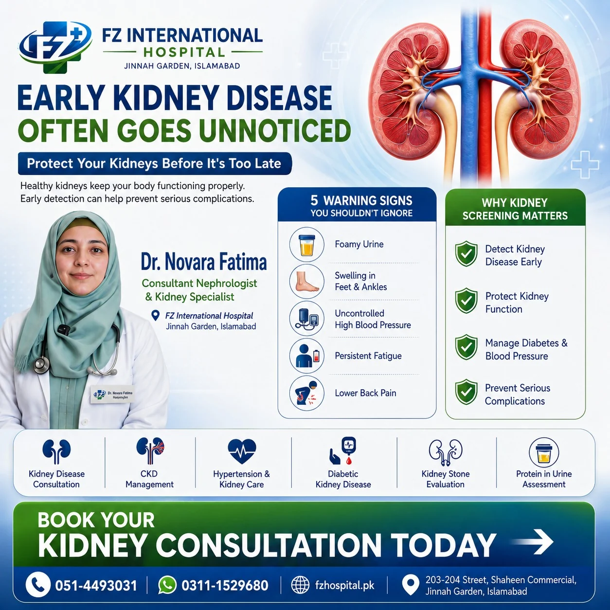 FZ kidney-disease awareness artwork featuring Dr. Novara Fatima, possible warning signs and kidney-screening information